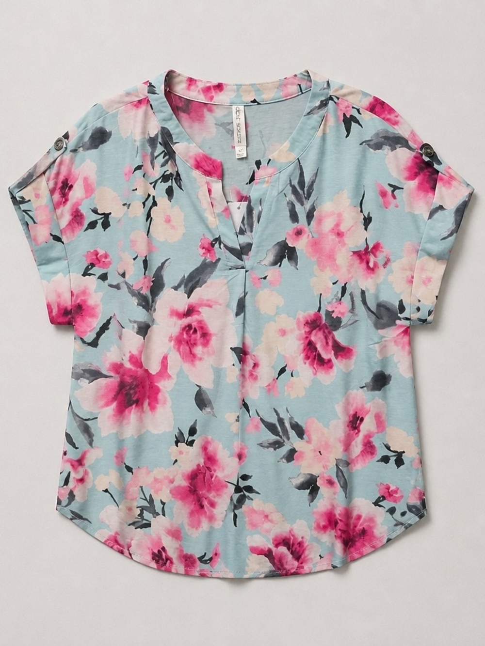 Floral Short-Sleeve Blouse in Light Blue and Pink - Women 2X